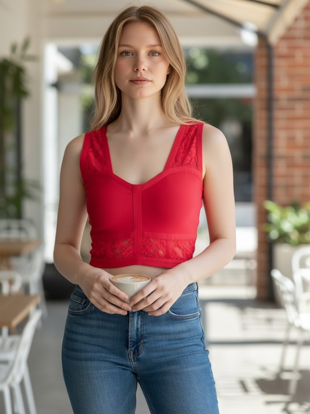 bebe Red Lace-Trim Bralette Cropped Top